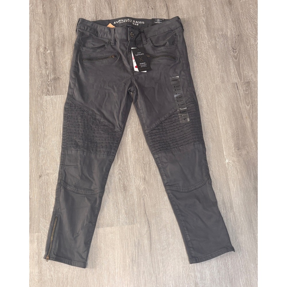 American Eagle Sateen Skindigo Moto Jeggings Gray Low Rise Skinny Pants Size 8 R